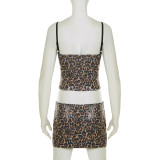 Women American Style Sexy Leopard Print Sequin Slip Top & Skirt Two-Piece Set