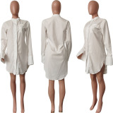 Women Autumn & Winter Sexy Side Slit Solid Color Shirt Dress