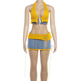 Women Spring Sexy Halter Neck V-Neck Sleeveless Top & Skirt Two-Piece Set