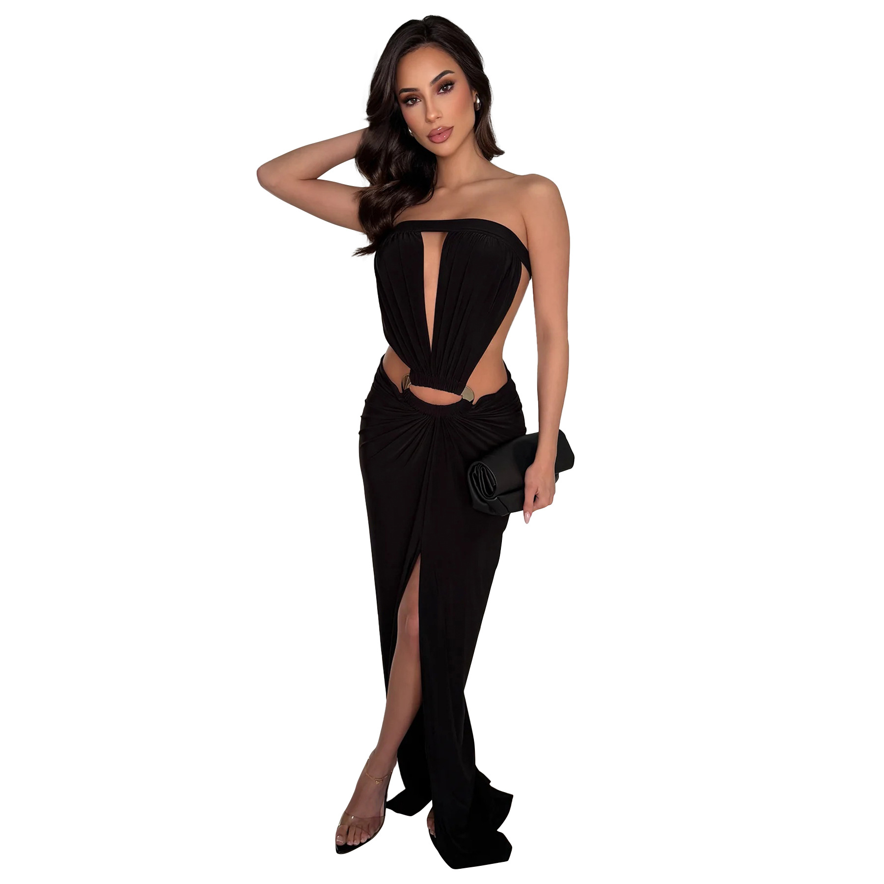 Solid Backless Strapless Slit Dress for Evening Events