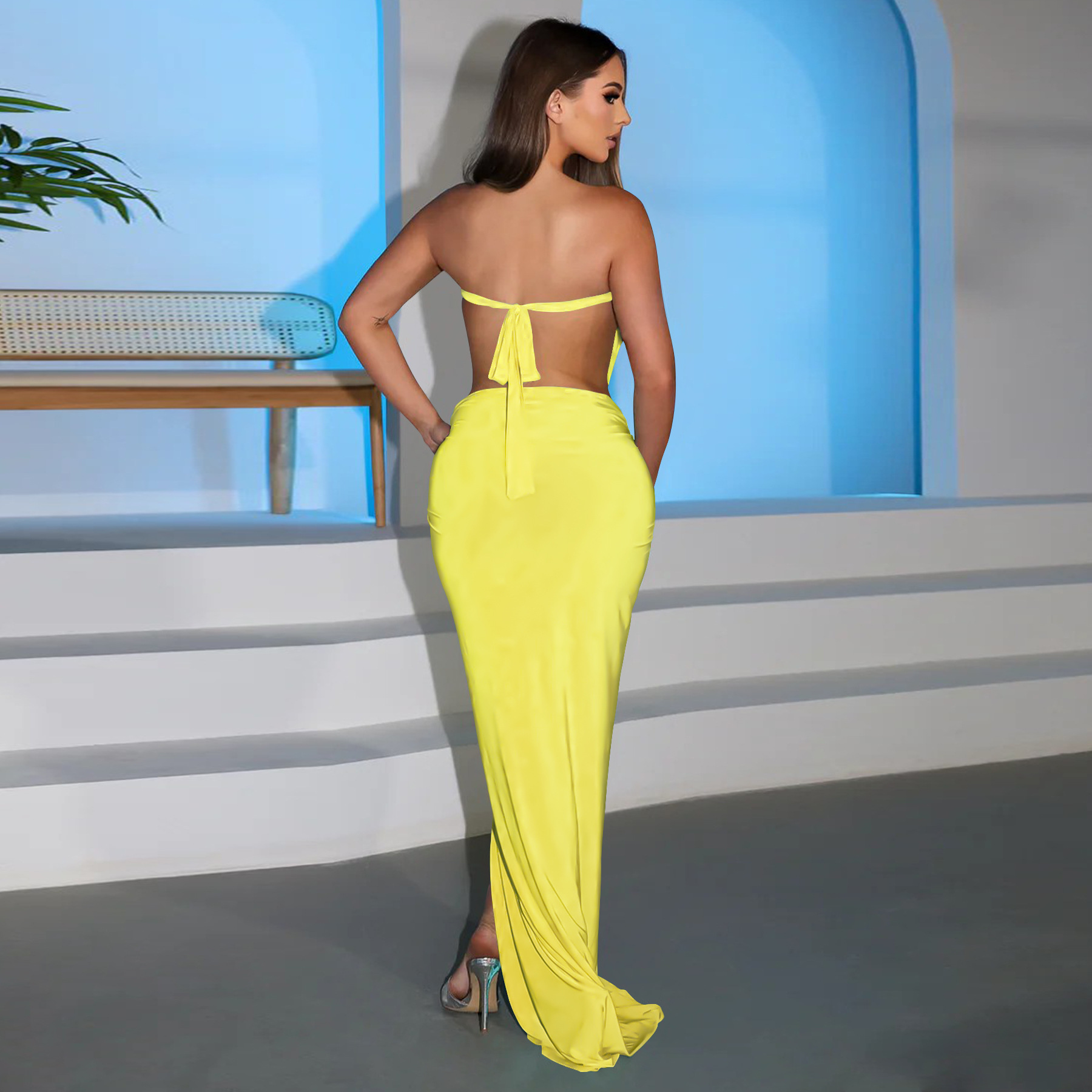 Solid Backless Strapless Slit Dress for Evening Events