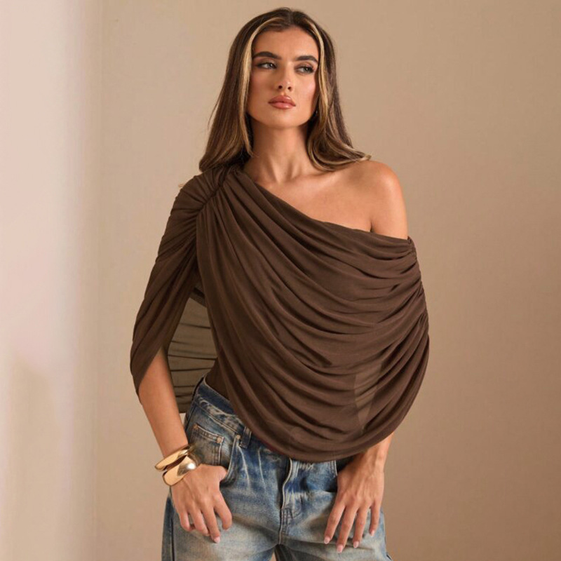 Off-Shoulder Mesh Ruched Bodysuit for Summer Casual