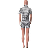 Women Summer Houndstooth Casual Print Zip Top & Shorts Two-Piece Set