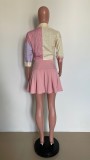 Women Summer Pink 3/4 Sleeve Shirt & Skirt Two-Piece Set