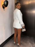 Women White Rhinestone Blazer Coat & Short Two-Piece Set
