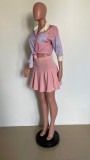 Women Summer Pink 3/4 Sleeve Shirt & Skirt Two-Piece Set