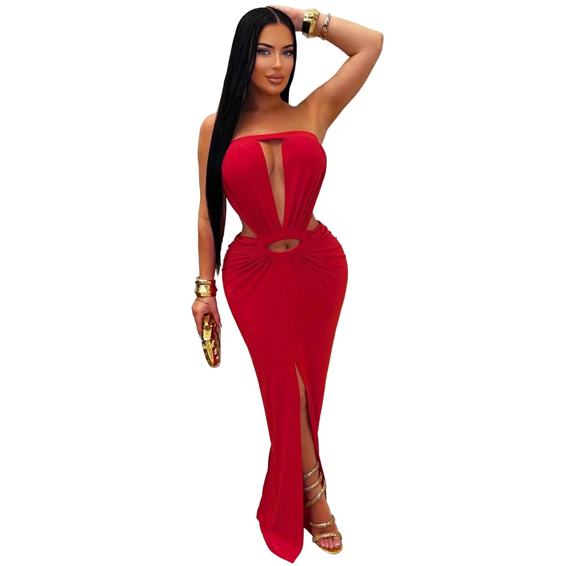 Solid Backless Strapless Slit Dress for Evening Events
