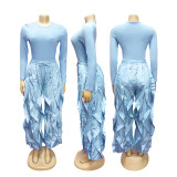 Women Autumn/Winter Long Sleeve Top and Layers Wide-Leg Pant Two-Piece Set