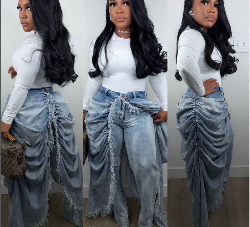 Faux Two-Piece Ruched Frayed Denim Pants for Streetwear
