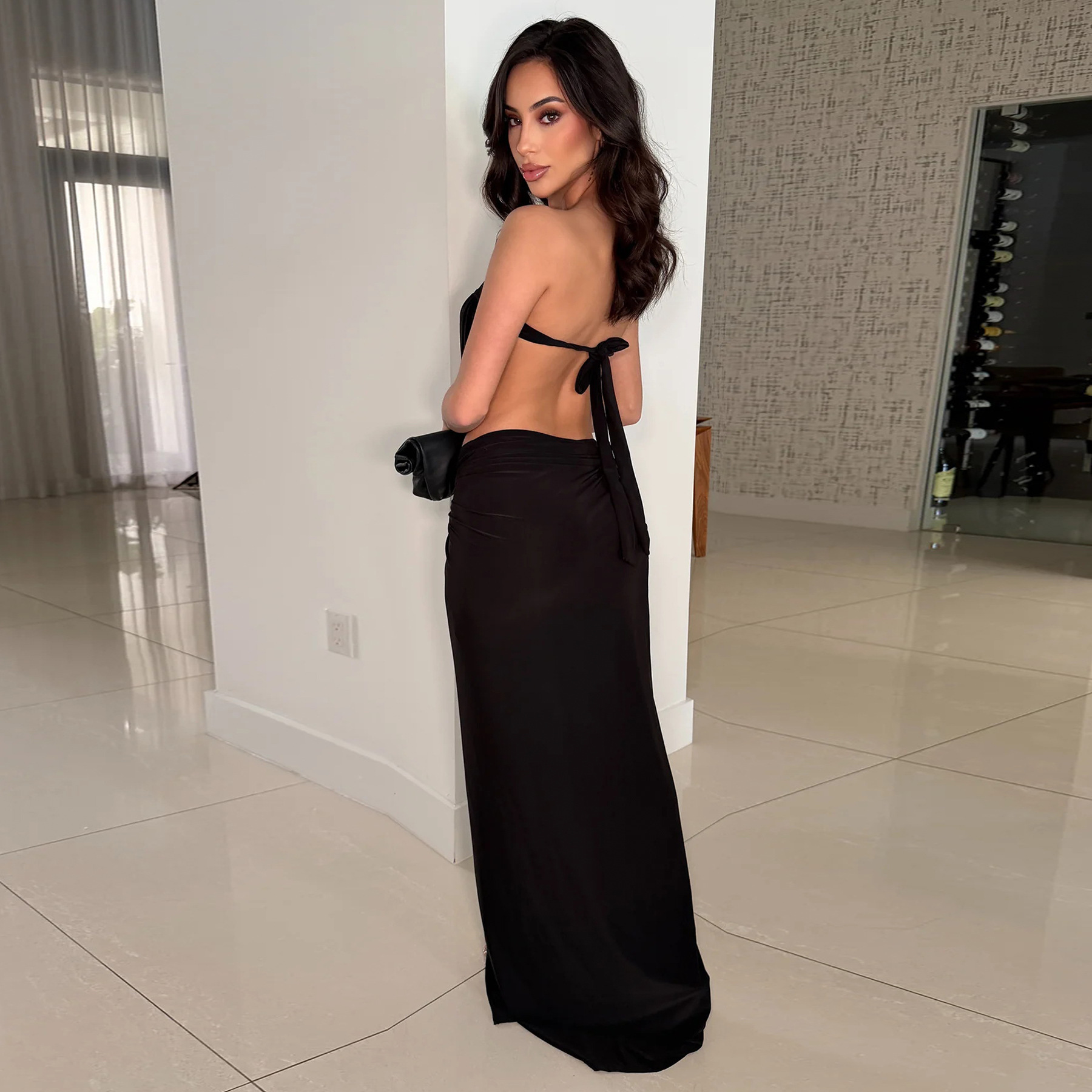Solid Backless Strapless Slit Dress for Evening Events