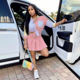 Women Summer Pink 3/4 Sleeve Shirt & Skirt Two-Piece Set