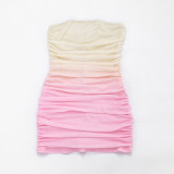 Women Spring Sexy Gradient Print Mesh Ribbon Strapless Dress