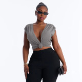Women Spring & Summer V-Neck Knot Front Sleeveless Crop Top T-Shirt