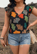 Plus Size Women's V-Neck Ruffled Printed Short Sleeve Top
