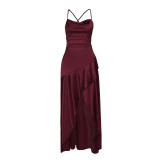 Women's French Style Polka Dot Ruched Spaghetti Strap Maxi Dress