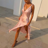 Women's Spring & Summer Satin Spaghetti Strap High Slit Casual Holiday Dress