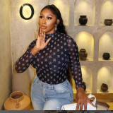 Women's Long Sleeve Printed Mesh See-Through Stretch Sexy Basic Bodysuit