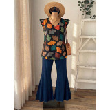 Plus Size Women's V-Neck Ruffled Printed Short Sleeve Top