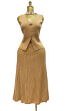 Women's Shell Button V-Neck Vest & Ruched Skirt Knitted Two-Piece Set