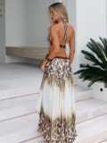 Women's Summer Halter Neck Leopard Patchwork Sexy Backless Beaded Maxi Dress