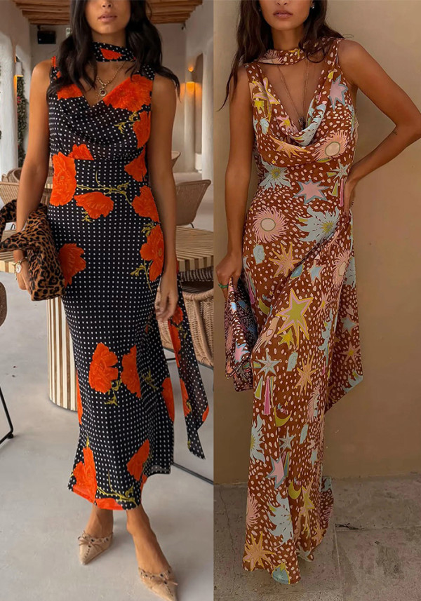 Women's Spring & Summer Printed Ribbon Casual Holiday Party Maxi Dress