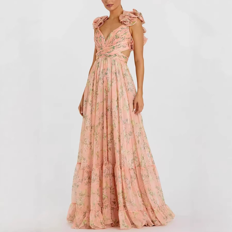 Pleated Chiffon Printed Dress for Spring/Summer Holiday Parties
