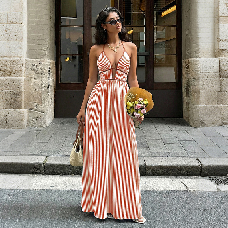 Striped V-Neck Backless Halter Maxi Dress for Summer