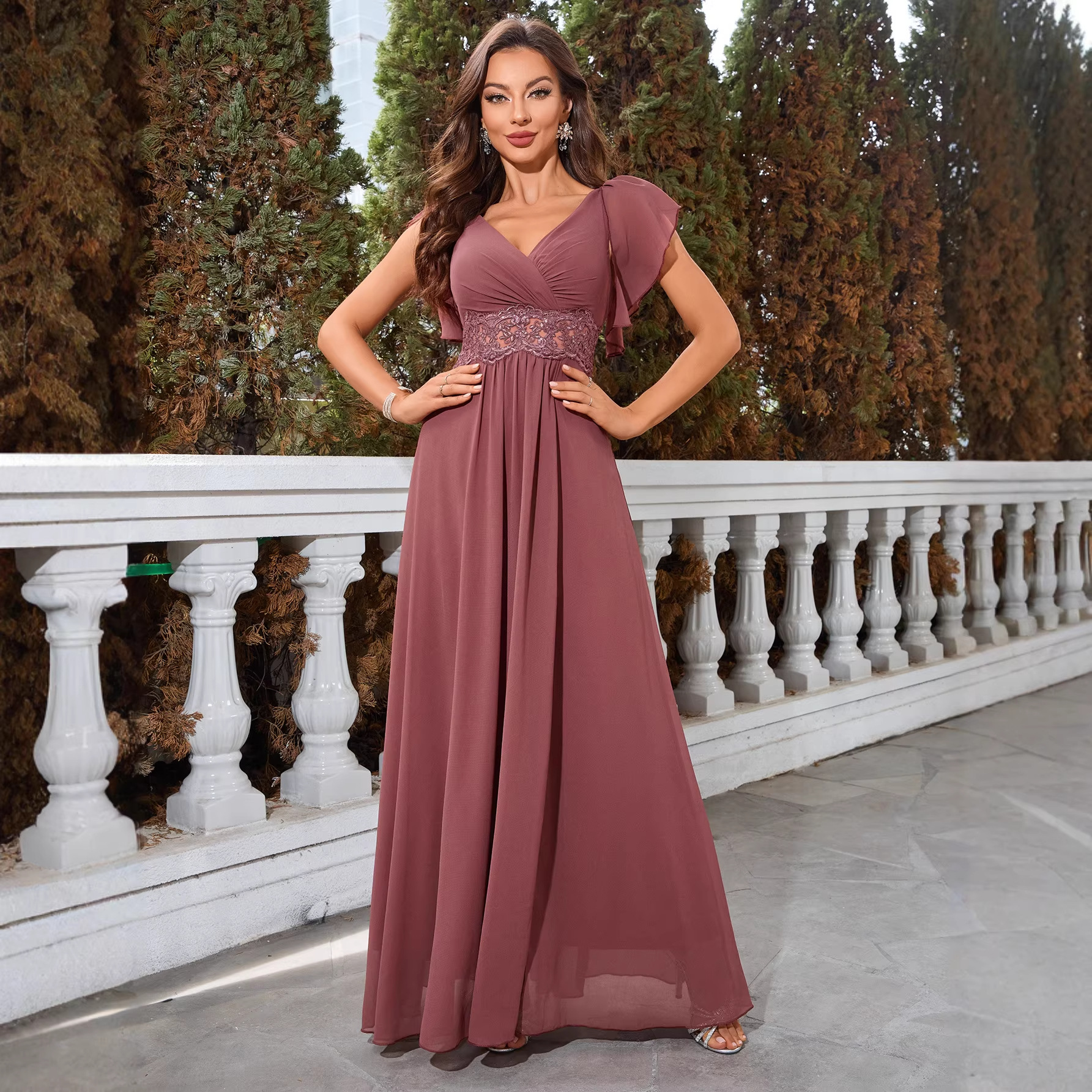 Navy V-Neck High Slit Evening Gown for Prom
