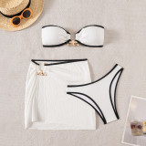 Women's Strapless Metal Decor High Slit Three-Piece Bikini Set