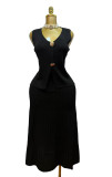 Women's Shell Button V-Neck Vest & Ruched Skirt Knitted Two-Piece Set