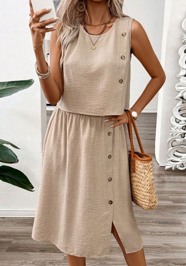 Women's Sleeveless Button Top & Skirt Two-Piece Set