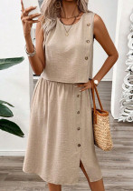 Women's Sleeveless Button Top & Skirt Two-Piece Set Women's Sleeveless Button Top & Skirt Two-Piece Set