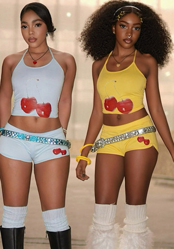 Women's Spring & Summer Cherry Print Halter Neck Tie Top & Shorts Two-Piece Set