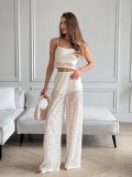 Women's White Lace Spaghetti Strap Summer Top & Wide Leg Pants Two-Piece Set