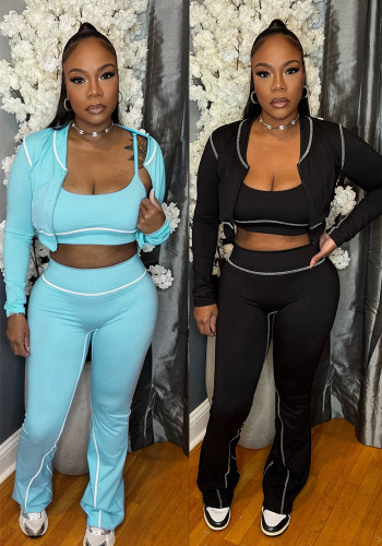Women's Casual Top Coat & Bell Bottom Pants Three-Piece Set