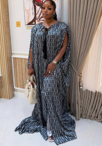 Plus Size African Women's Lace-Up Printed Maxi Dress