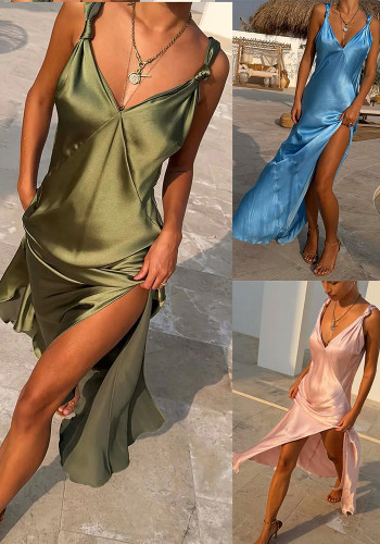 Women's Spring & Summer Satin Spaghetti Strap High Slit Casual Holiday Dress