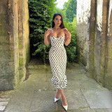 Women's French Style Polka Dot Ruched Spaghetti Strap Maxi Dress
