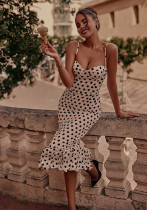 Women's French Style Polka Dot Ruched Spaghetti Strap Maxi Dress
