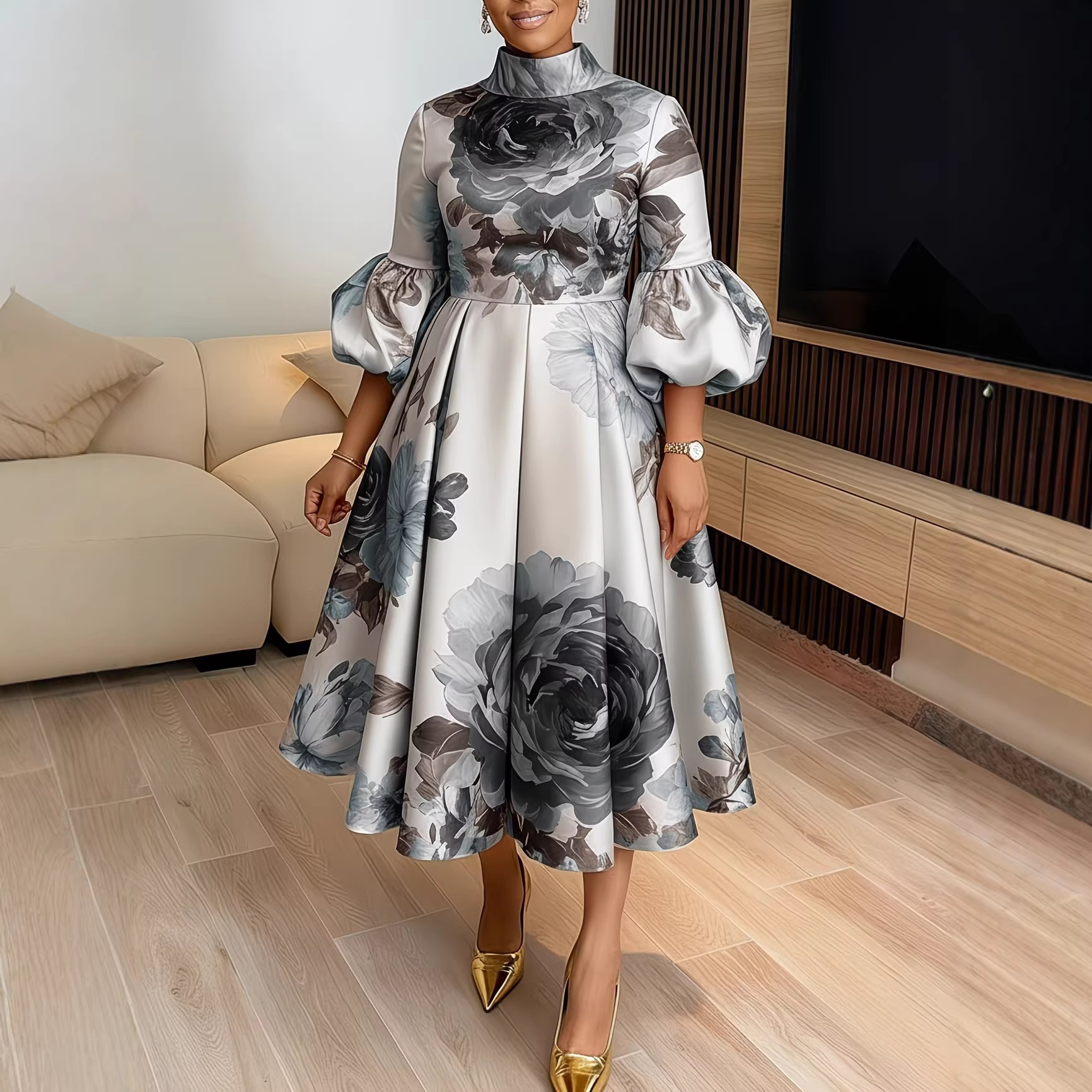Lantern Sleeve Printed Dress for Elegant Events
