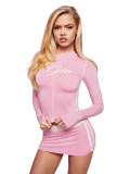 Women's Letter Print Zipper Top & Skirt Two-Piece Set