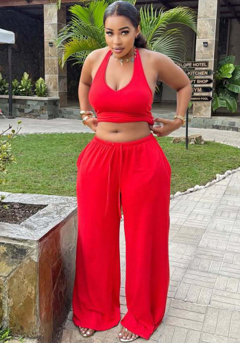 Women's Casual Fitted Halter Neck Strapless Top & Lace-Up Wide Leg Pants Two-Piece Set