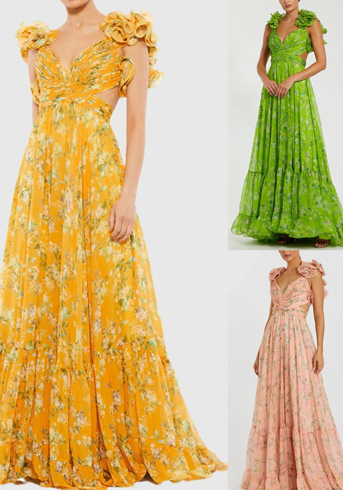 Pleated Chiffon Printed Dress for Spring/Summer Holiday Parties