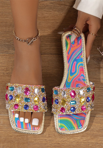 Women's Colorful Rhinestone Summer Beach Flat Slippers