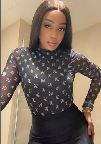 Women's Long Sleeve Printed Mesh See-Through Stretch Sexy Basic Bodysuit