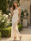 Women's French Style Spaghetti Strap Sexy Lace Ruched Maxi Dress