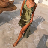 Women's Spring & Summer Satin Spaghetti Strap High Slit Casual Holiday Dress