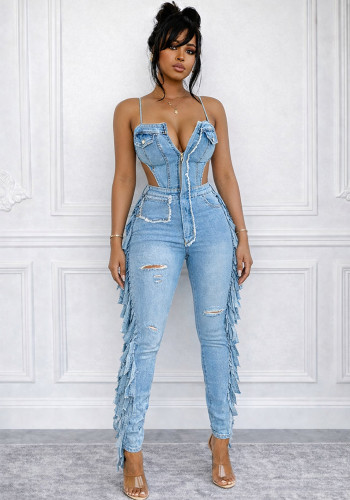 Women's Stretchy Spaghetti Strap Tassel Jumpsuit