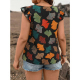 Plus Size Women's V-Neck Ruffled Printed Short Sleeve Top