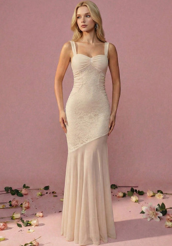Women's French Style Spaghetti Strap Sexy Lace Ruched Maxi Dress